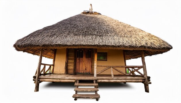 traditional thatched roof hut with wooden porch and stairs isolated on white background