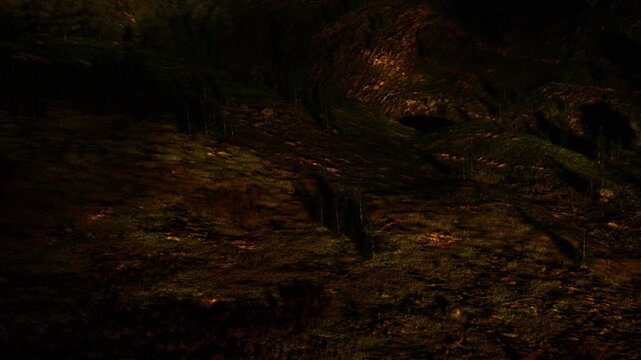 People are walking through a dark underground cave. They use flashlights to see the rocky ground and moss. Shadows play on the walls as they explore this natural setting.