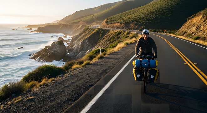 Cyclist riding loaded touring bike along scenic coastal highway at sunset overlooking ocean waves.