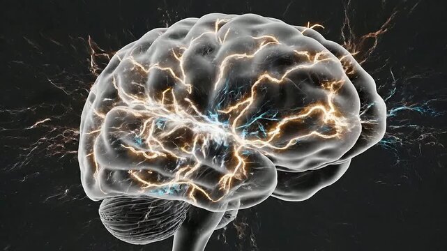 Conceptual Visualization of Epileptic Seizure Activity Inside a Transparent Brain Showcasing Neural Impulses and Electrical Dynamics in a 4K Render