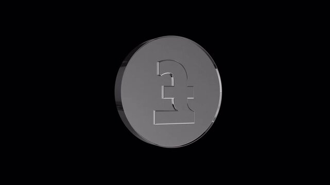 Seamless loop animation of a rotating silver coin with British pound symbol, isolated with alpha channel. Finance, currency, banking and money concept