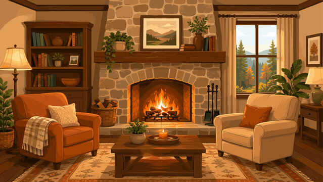 Cozy living room with a stone fireplace and large window overlooking autumn forest
