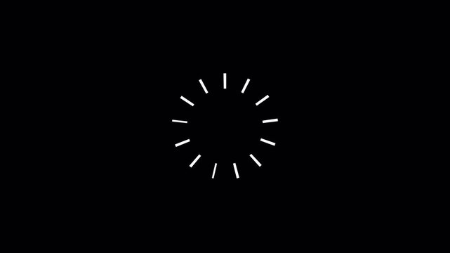 Seamless loop animation of a rotating circular loading spinner made of white radial lines, isolated with alpha channel. Digital progress and buffering indicator