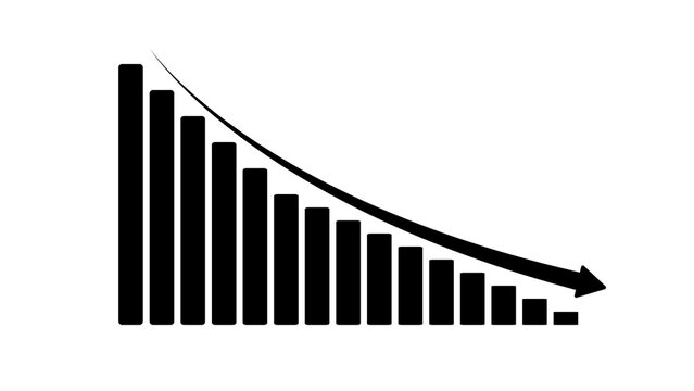 Declining bar graph silhouette on a white background illustrating a downward trend in data