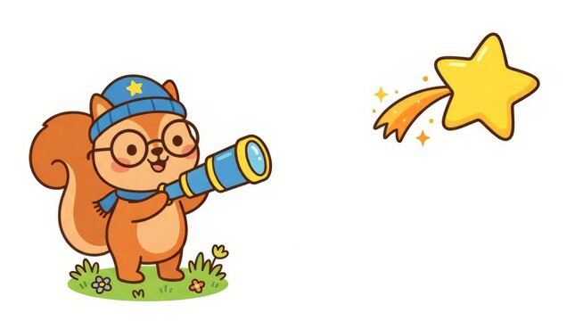 Cute cartoon squirrel astronomer holding telescope. Little animal character looking at yellow shooting star. Vector illustration isolated on white background
