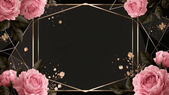 Elegant frame on a black background with beautiful pink roses and a golden geometric pattern.