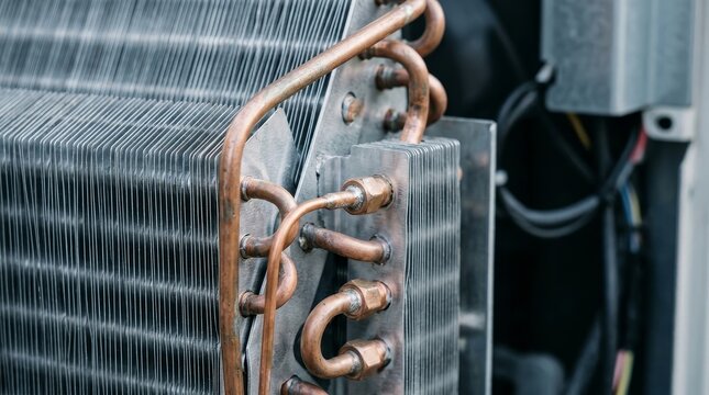 Close up of air conditioning condenser unit components. Copper pipes and aluminum cooling fins. HVAC technology and maintenance concept