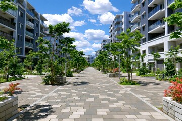 Obraz premium 青空と新緑が広がる新しい高層マンションの街並み快適な都市生活環境