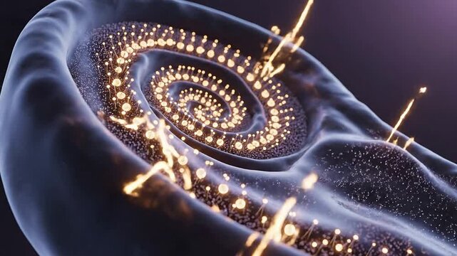 Detailed Macro Visualization Of Cochlea's Spiral Anatomy Illustrating Intricate Structures And Vibrant Particles In Sound Processing