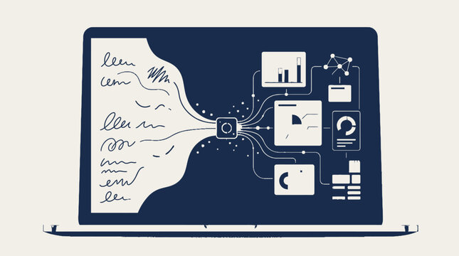 Digital data processing and analysis workflow on laptop screen, transforming raw information into structured insights and visualizations for business intelligence.