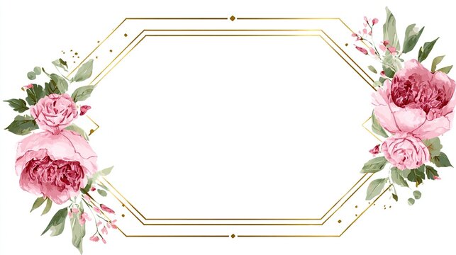 Elegant frame with beautiful pink roses and golden geometric pattern.