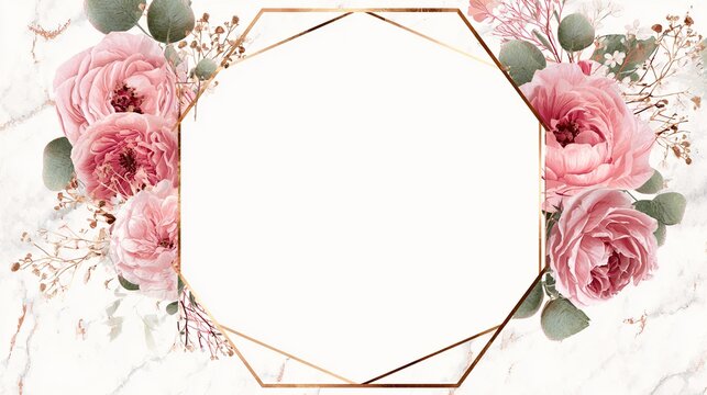 Elegant frame with beautiful pink roses and golden geometric pattern.