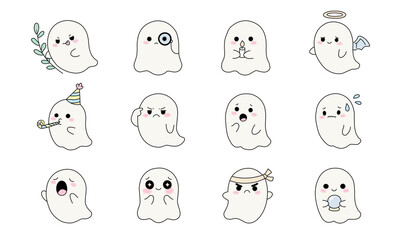 Fototapeta premium Set of cute little ghost characters with various funny expressions and poses isolated on a white background for Halloween and design projects
