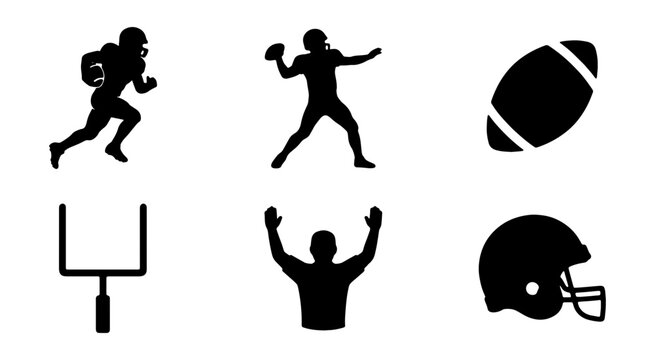 American football silhouette icons set, black sports player silhouettes, football helmet and goal post vector graphics