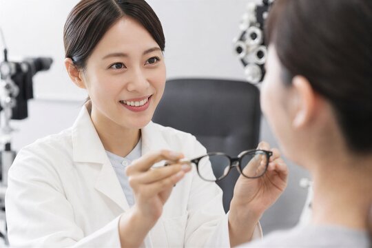 Experienced ophthalmologist offers new eyeglasses to a satisfied patient after a comprehensive eye examination in a modern optical store.