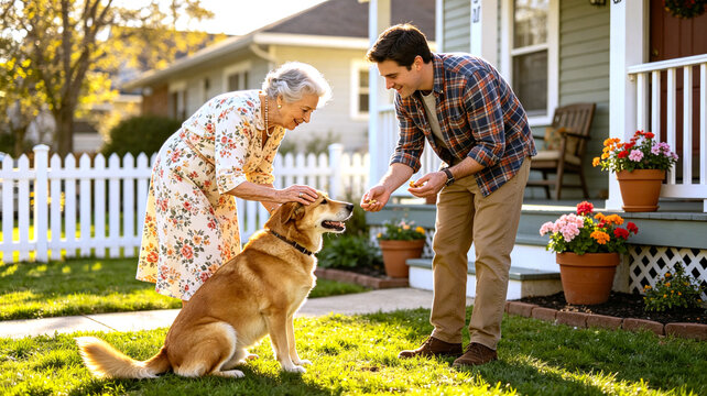 An elderly woman and a young man happily pet and feed a golden dog in a sunlit front yard outside a suburban house.