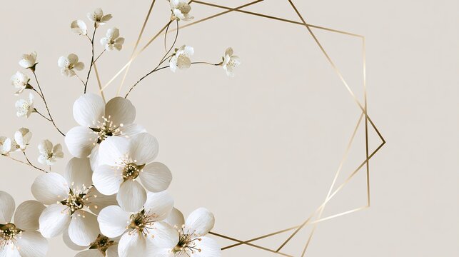 Elegant background with golden geometric frame and white flowers.