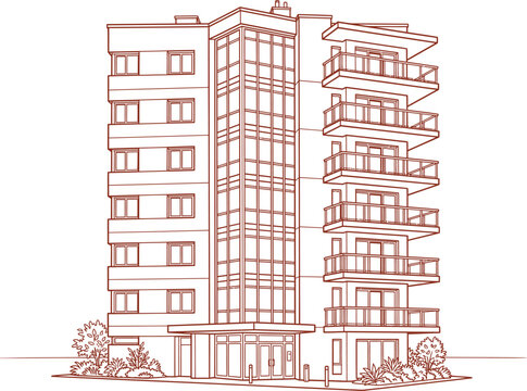 Line art illustration of a modern multistory apartment building with balconies and a glass facade