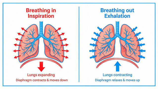 Human respiratory system diagram showing breathing in inspiration and breathing out exhalation, lungs expanding and contracting medical illustration