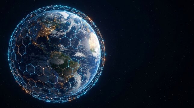 Global network mesh surrounding planet Earth in deep space, representing digital connectivity and worldwide data transmission.