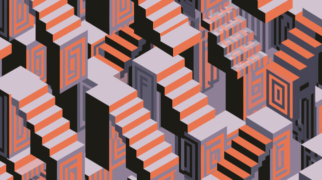 Complex isometric 3D stairs vector pattern with interlocking orange and grey architectural blocks for paradoxical geometry, structural maze and abstract urban planning concepts