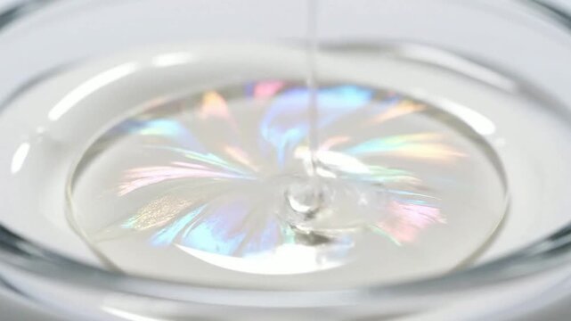 Macro Close-Up Video of a Droplet of Clear Oil Phasing into a Viscous Liquid with Colorful Reflections and Smooth Fluid Dynamics