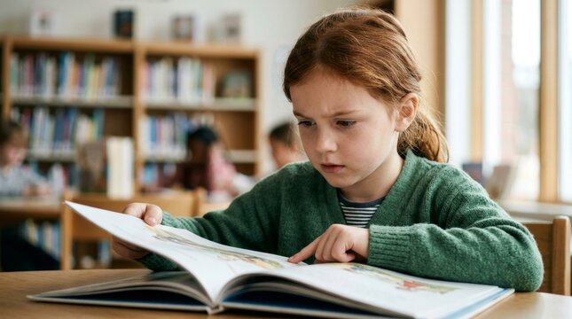 Young red-haired girl reading a book in a library. Focused elementary student studying with finger pointing at the page