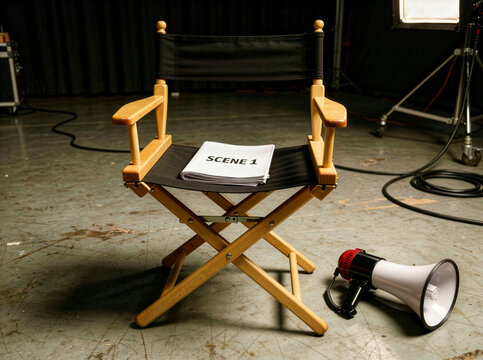 Director's Chair with Scene 1 Script and Megaphone on a Professional Film Set, Concept of Movie Production and Behind the Scenes Filmmaking Process