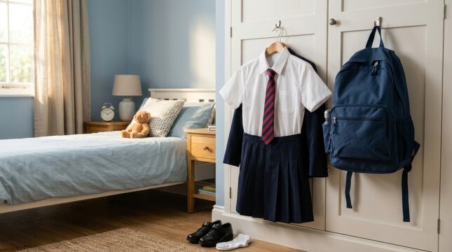 School uniform and backpack hanging on a wardrobe door in a child's bedroom. Back to school preparation concept