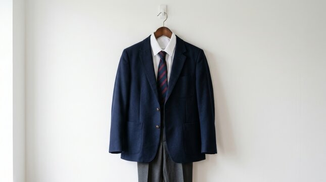 School uniform with navy blazer and striped tie hanging on a white wall. Classic student attire on a wooden hanger