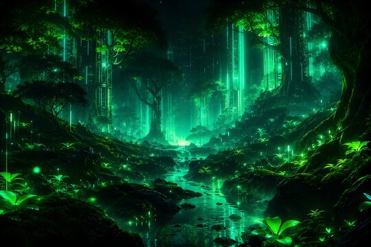 Futuristic Neon Green Cyber Forest Wallpaper