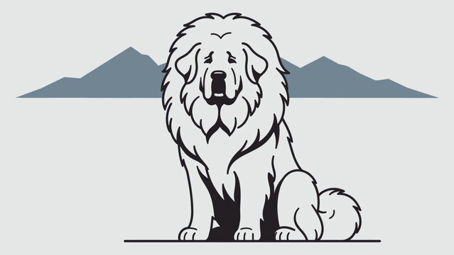 Tibetan Mastiff Dog Sitting Hand Drawn Vector Illustration