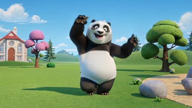 Chubby 3D animated panda performs a cheerful victory dance in a sunny meadow. Cute bear character moves happily in a cartoon nature landscape, funny animation