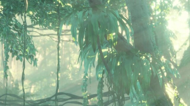 Green leaves and vines fill the scene in a dense forest. Morning light filters through trees, creating a bright atmosphere. Nature shows its beauty in this quiet space.