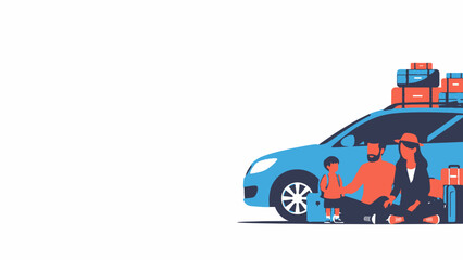 Naklejka premium Family with luggage on car roof and beside it, ready for a road trip vacation, flat vector illustration