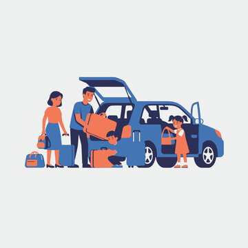 Family packing car for vacation, loading luggage into the trunk for a road trip adventure