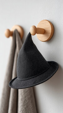 Minimalist witch hat on wall hook for halloween decoration or interior design inspiration