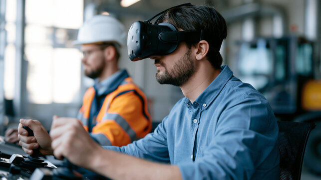 Engineer using virtual reality headset in a factory warehouse