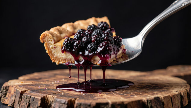 Close-up of blackberry cheesecake slice dripping sauce on wooden surface