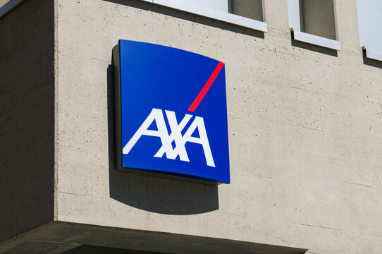 AXA insurance company logo sign on concrete building facade
