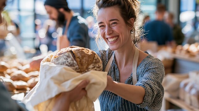Smiling baker hands a fresh loaf of artisanal bread to a customer