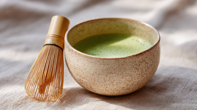 Ceramic matcha bowl and whisk on linen fabric for tea ceremony and mindful relaxation