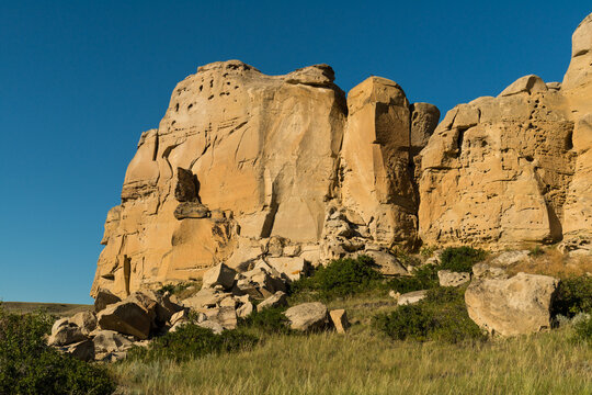 Canada, Alberta, Milk River.  Sandtone cliffs above the Milk River in Writing on Stone Provincial Park.