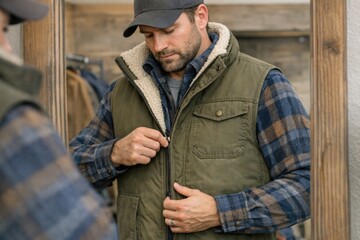 Fototapeta premium A person examines their jacket, wearing a vest and hat