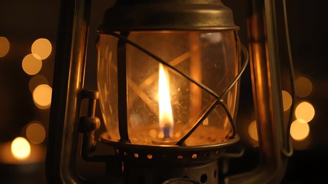 Antique lamp with glowing flame in glass enclosure, bokeh lights in background