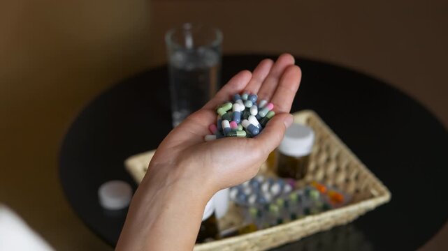 Person pouring medication capsules back into bottle. Close-up view of a person's hands pouring a large handful of colorful pills and capsules back into a white bottle, symbolizing overdose