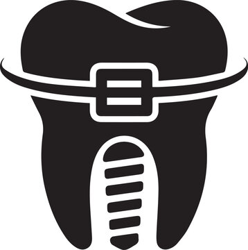 Black and white icon of a human tooth with metal dental braces and a screw implant isolated on transparent background, Vector, illustration