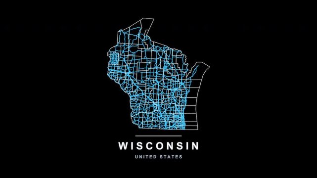 Wisconsin State Line Map Self Drawing Animated Overlay, Alpha 4K