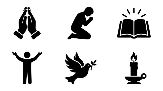Religious prayer icon set with 6 black vector silhouettes, spiritual worship symbols including praying hands and holy bible, christian faith elements