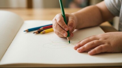 Naklejka premium Close up of child hand drawing with green colored pencil in sketchbook. Selective focus on kid writing on blank paper at wooden table. Fine motor skills development concept